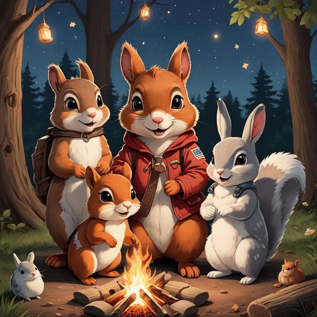 a group of animals sitting around a campfire in the woods at night time with a forest background and a full moon, furry art, a storybook illustration, Chris LaBrooy, official art