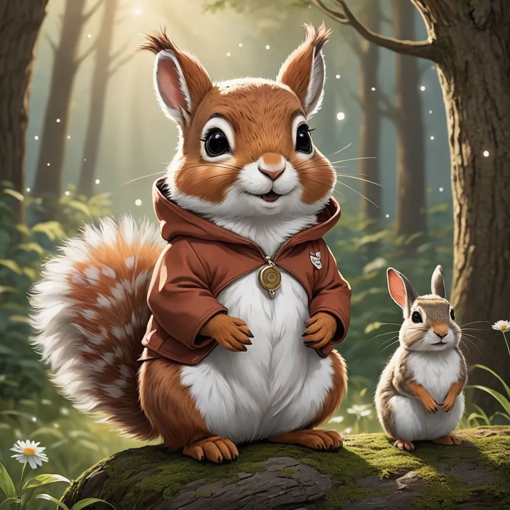 a painting of a squirrel and a bunny in a forest with a sunbeam in the background and a forest scene with a tree and a sunbeam, furry art, a character portrait, Chris LaBrooy, official art