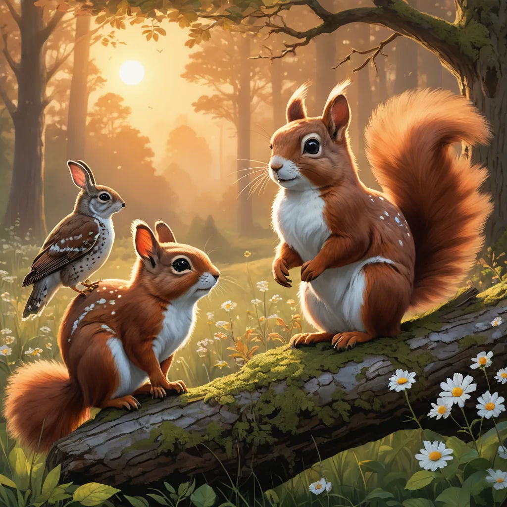 a painting of two squirrels on a log in a forest with a bird perched on the log and a bird perched on the log, sots art, a storybook illustration, Chris LaBrooy, official art