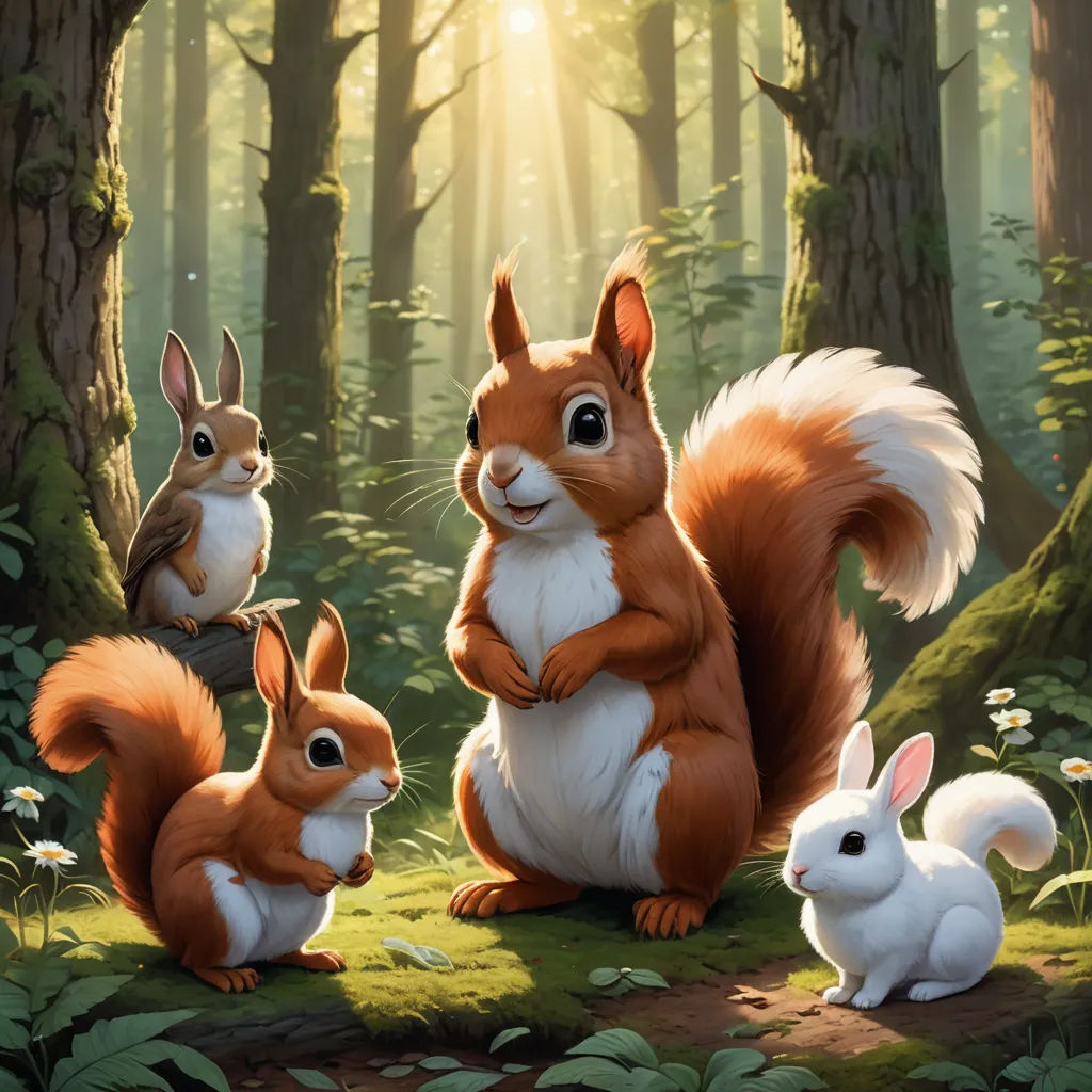 a painting of a squirrel and two rabbits in a forest with sunlight shining through the trees and grass on the ground, furry art, an oil painting, Chris LaBrooy, official art