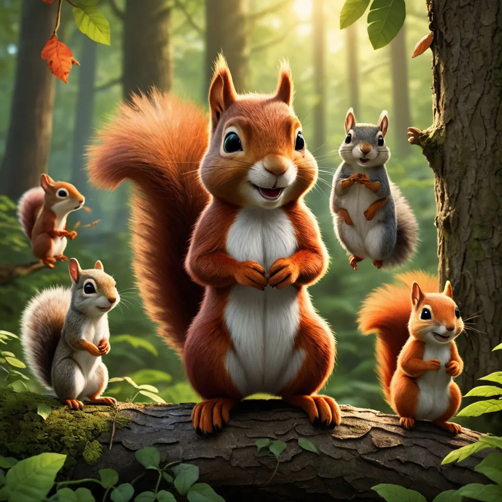 a group of squirrels standing on a tree branch in a forest with leaves and a sun shining through the trees, furry art, a 3D render, Chris LaBrooy, key art