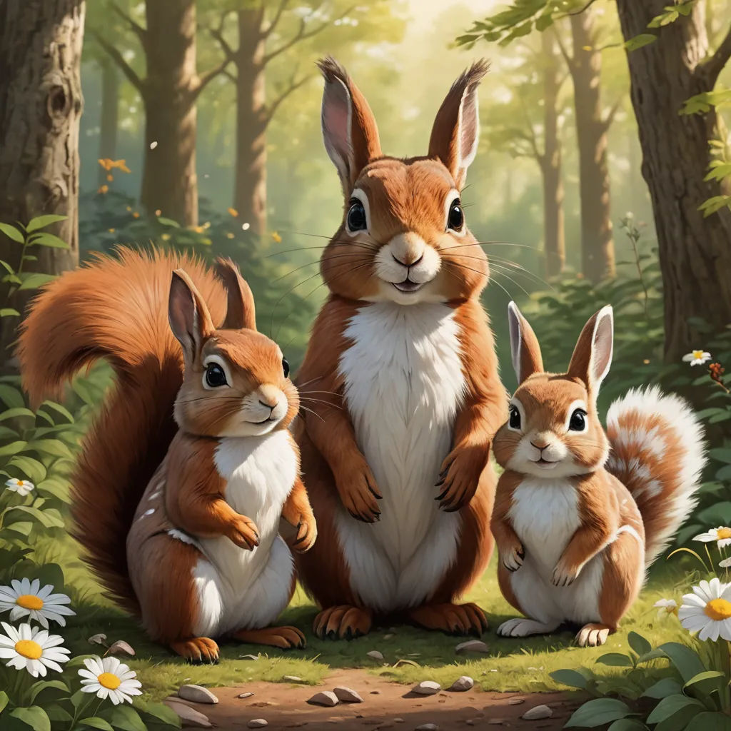 a painting of a mother squirrel and her two babies in a forest with daisies and daisies around her, furry art, an oil painting, Chris LaBrooy, official art