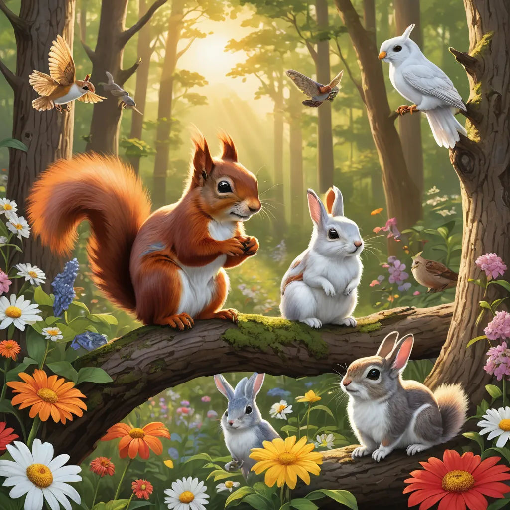 a painting of a squirrel and rabbits in a forest with flowers and birds around it, and a bird flying over the ground, furry art, a storybook illustration, Chris LaBrooy, official art