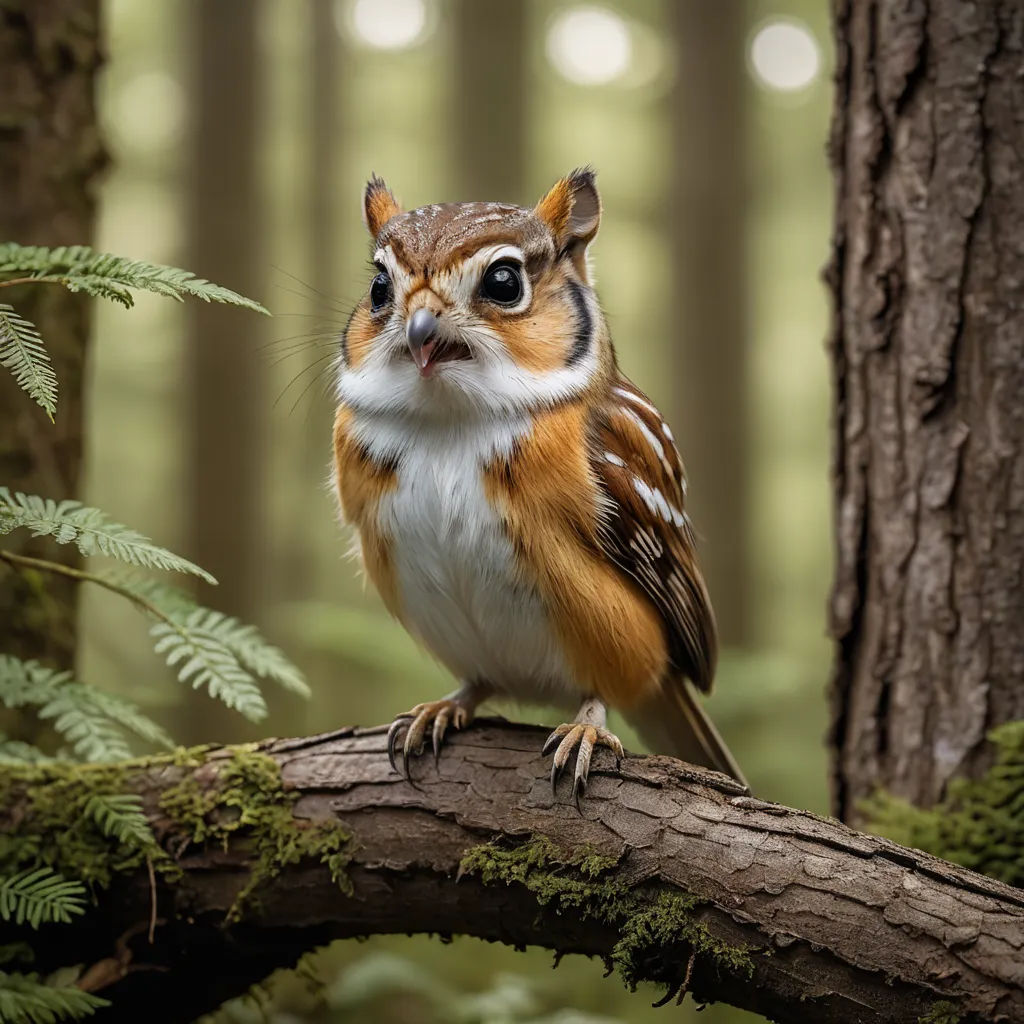 a small brown and white bird sitting on a branch in a forest with trees and ferns in the background, mannerism, a photorealistic painting, Chippy, animal photography