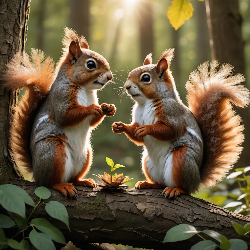 two squirrels standing on a tree trunk in the woods, facing each other with their hands together and touching, serial art, a photorealistic painting, Chris LaBrooy, animal photography
