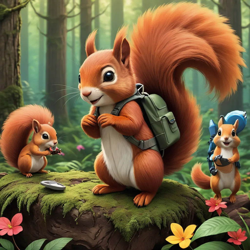 a squirrel with a backpack and two other animals in the woods with flowers and plants around it, and a bird on the ground, furry art, computer graphics, Chris LaBrooy, official art