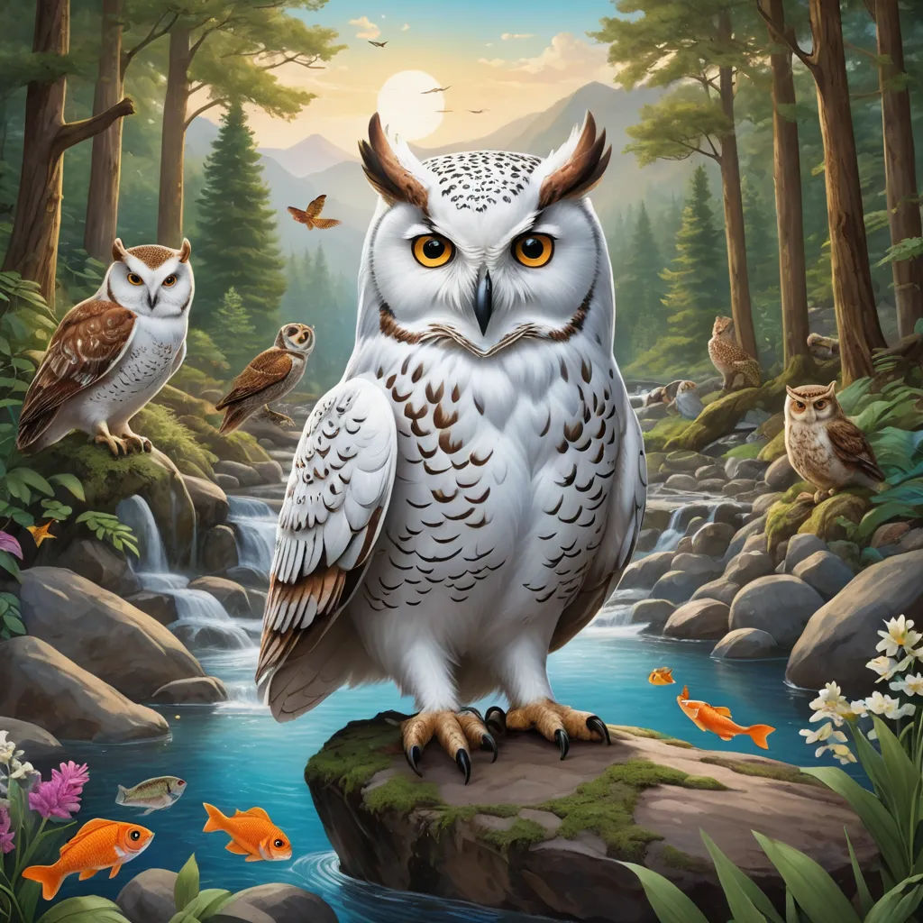 a painting of an owl sitting on a rock in a forest with other owls around it and a stream running through the forest, fantasy art, an airbrush painting, Chris LaBrooy, highly detailed digital art