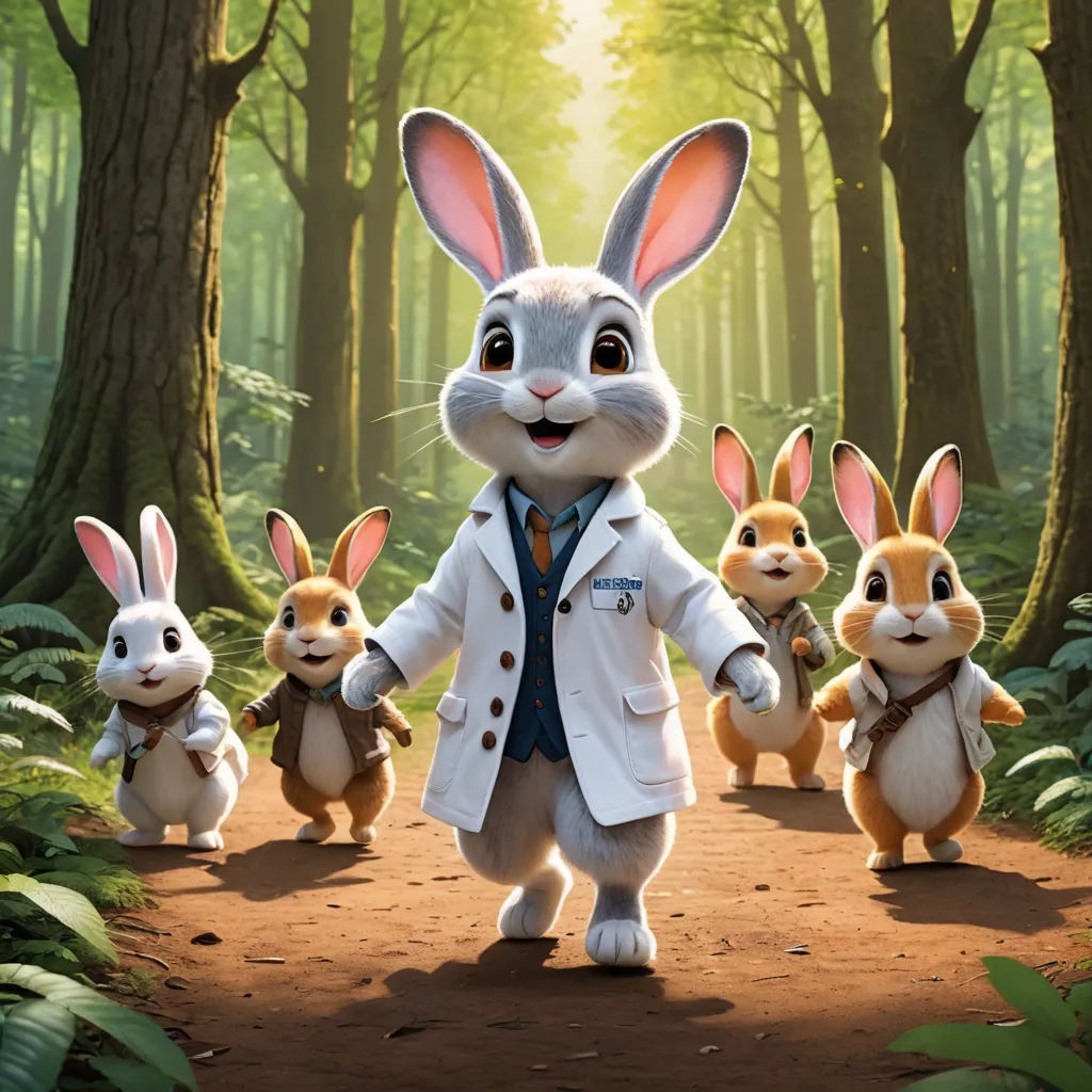 a rabbit in a lab coat and four rabbits in a forest with trees and grass in the background, with a man in a suit and tie, furry art, a digital rendering, Dr. Atl, promotional image