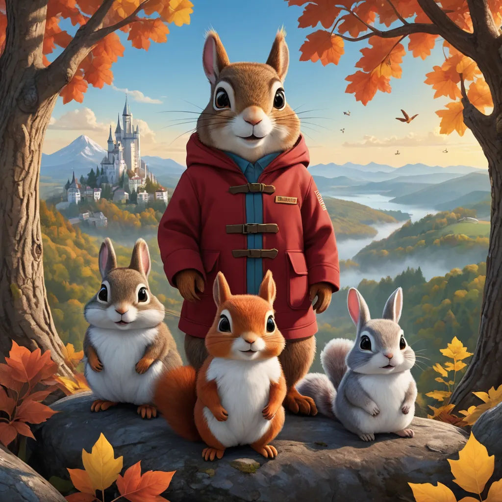 a painting of a squirrel and three rabbits in a forest with a castle in the background and a fall scene, furry art, an ultrafine detailed painting, Chris LaBrooy, key art