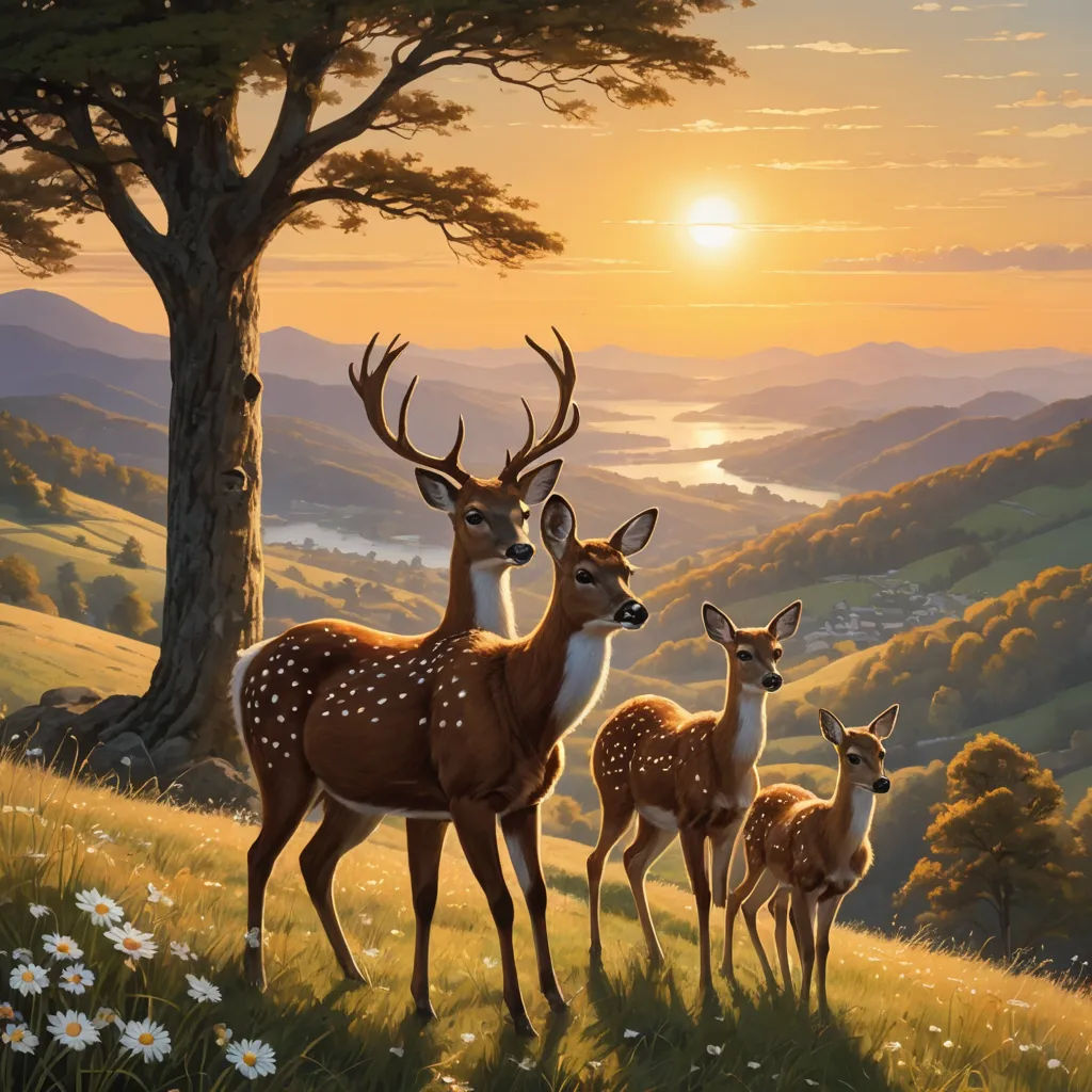 a painting of a family of deer in a field with a sunset in the background and a mountain range in the background, magic realism, an airbrush painting, Brothers Hildebrandt, highly detailed digital painting