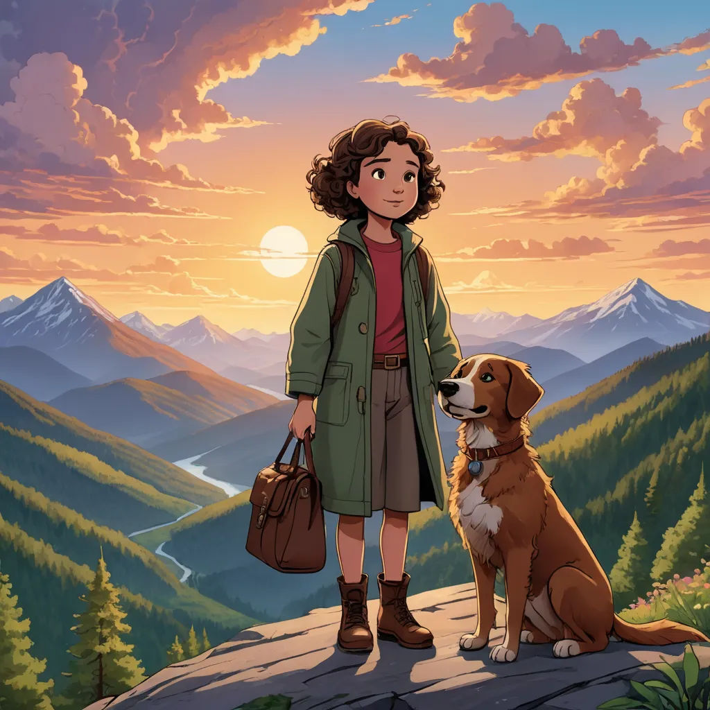 a woman standing next to a dog on a mountain top with a sunset in the background and a mountain range in the background, serial art, a storybook illustration, Elinor Proby Adams, official art