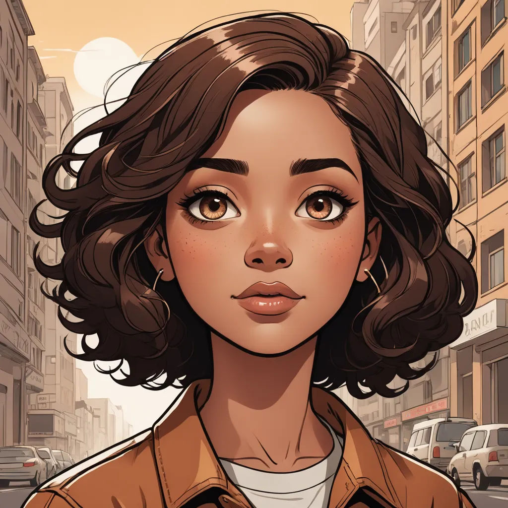a woman with brown hair and a brown jacket on a city street with buildings and cars in the background, art nouveau, a character portrait, Artgerm, stanley artgerm lau