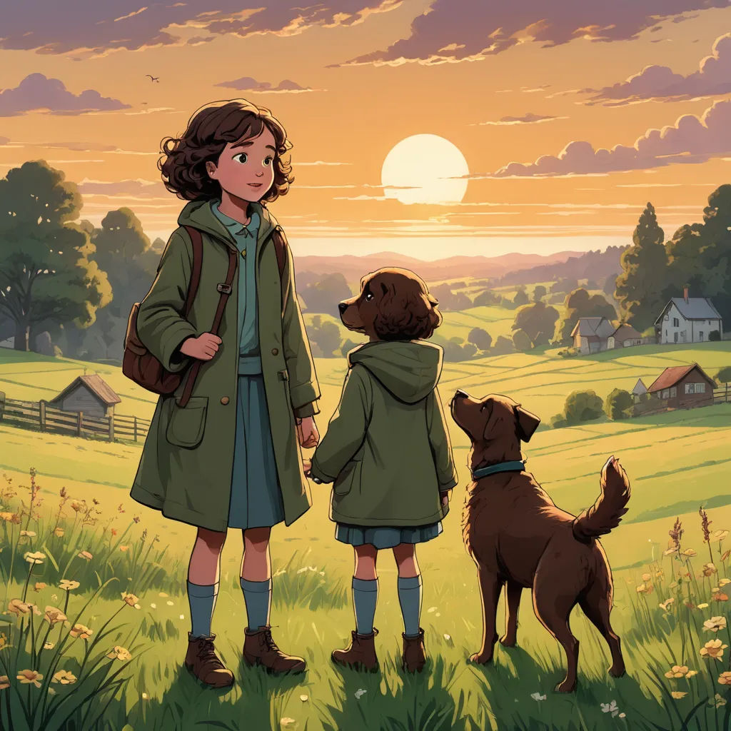 a girl and a dog standing in a field at sunset with a sunset in the background and a dog looking up at her, serial art, a storybook illustration, Anne Said, official art