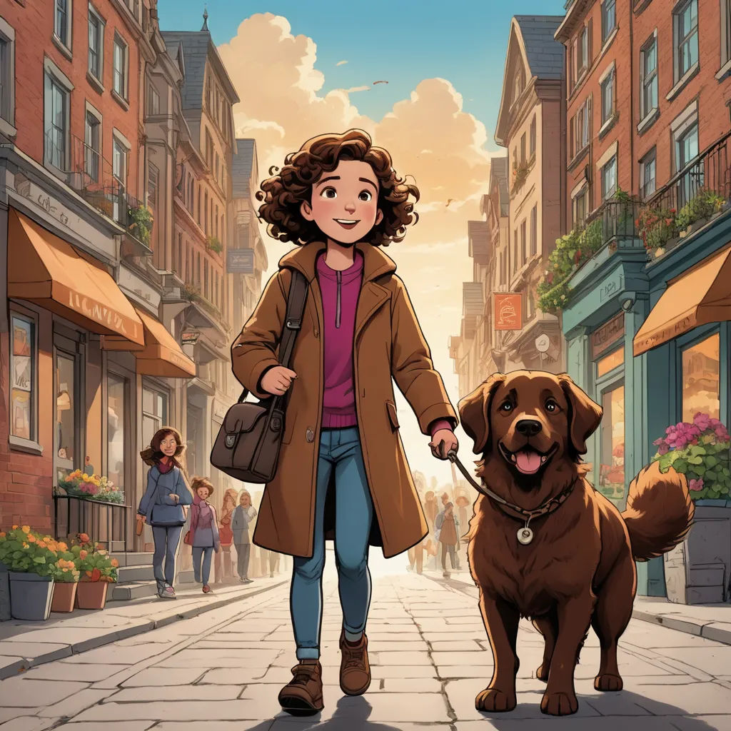 a woman walking a dog down a street next to a woman in a brown coat and a brown dog, art & language, a comic book panel, Celia Fiennes, official art