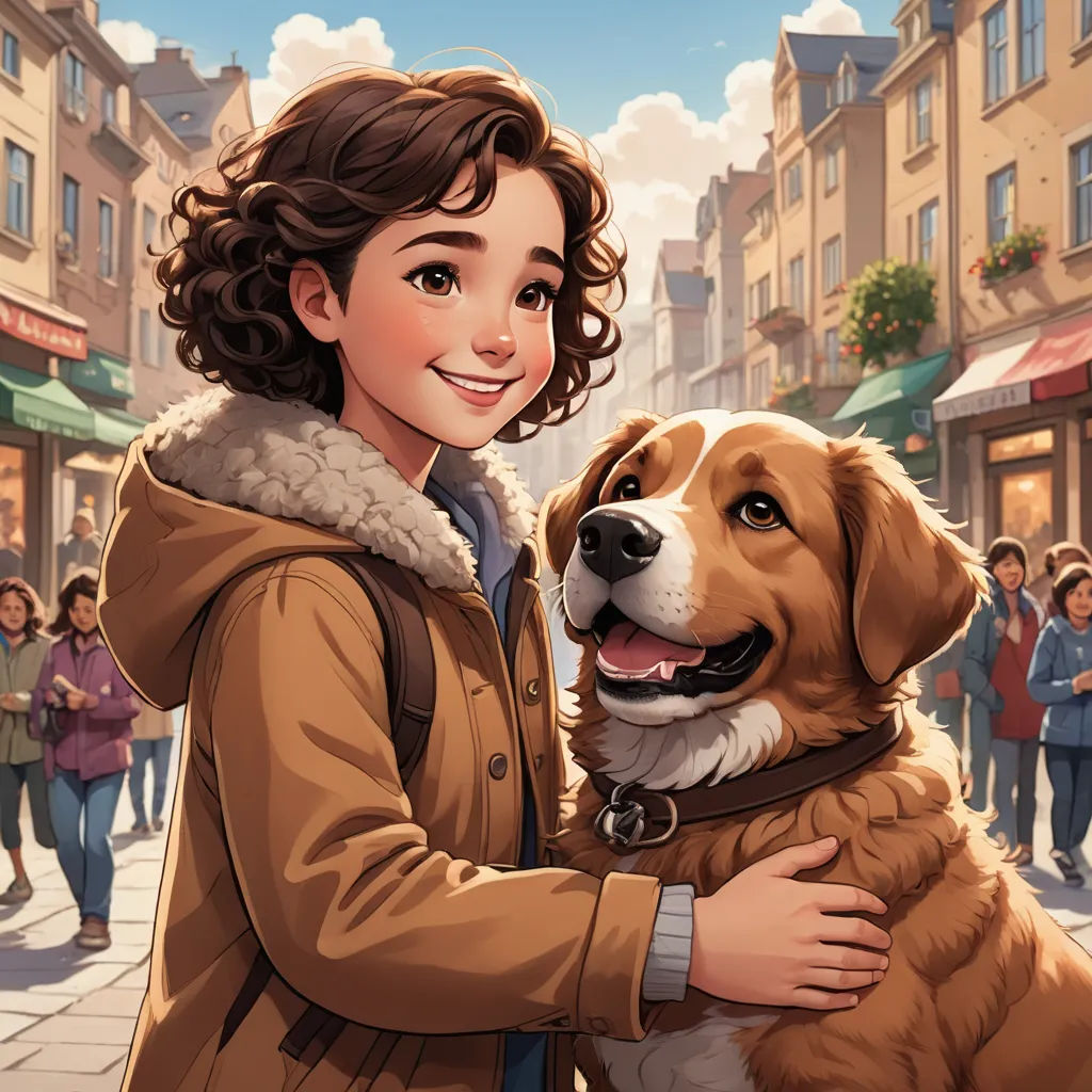 a woman holding a dog in her arms on a city street with people walking by and a man in a brown jacket, american scene painting, a storybook illustration, Cliff Childs, kinkade