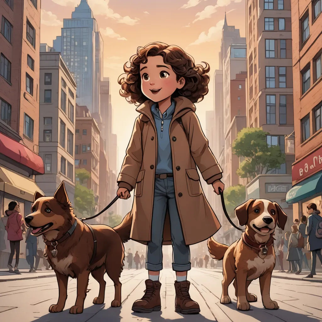 a woman in a coat and two dogs on a city street with buildings in the background and a sky background, furry art, a comic book panel, Cliff Childs, official art