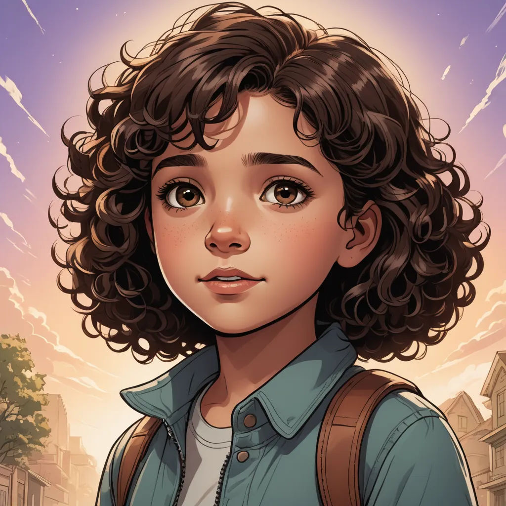 a young girl with curly hair and a backpack on her shoulder, looking at the camera with a city in the background, paris school, a character portrait, Artgerm, stanley artgerm lau