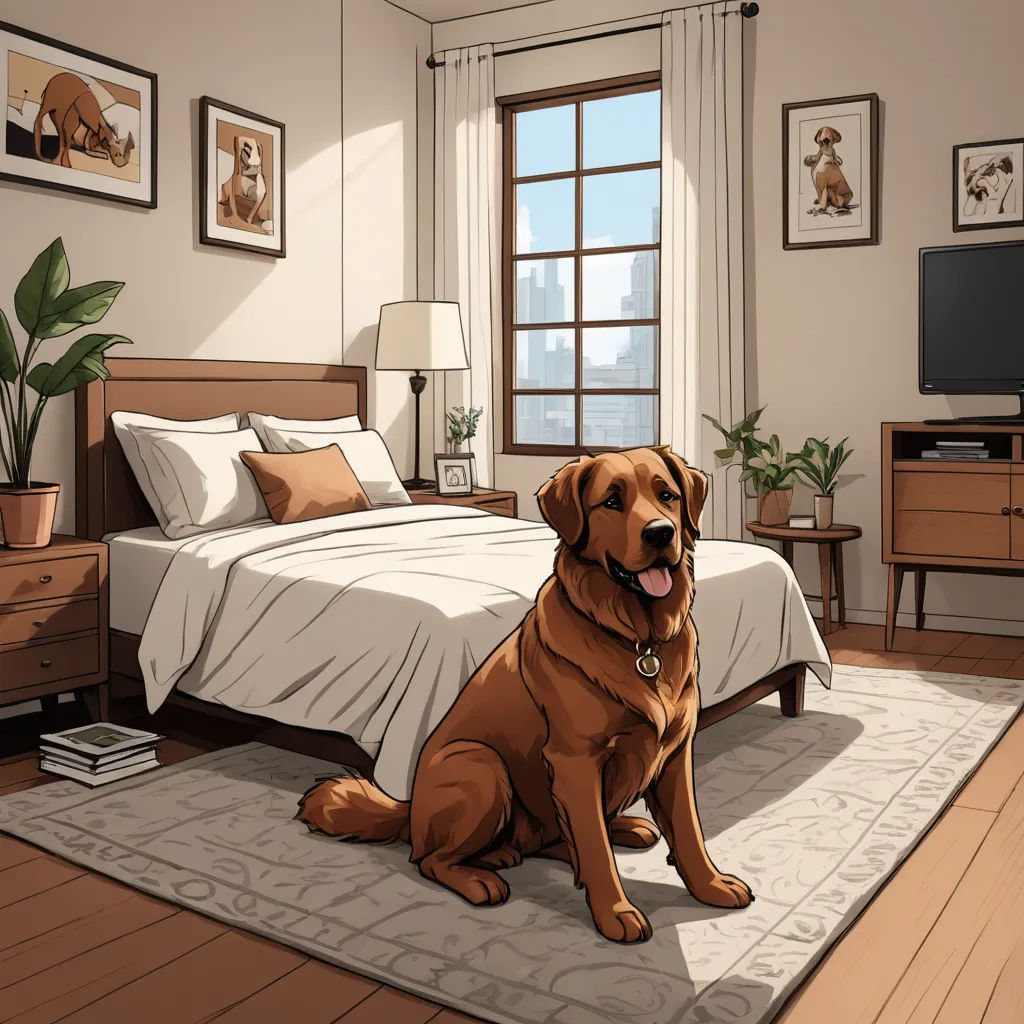 a dog sitting on a rug in a bedroom with a bed and a dresser and a window with a city view, furry art, concept art, Atey Ghailan, official art