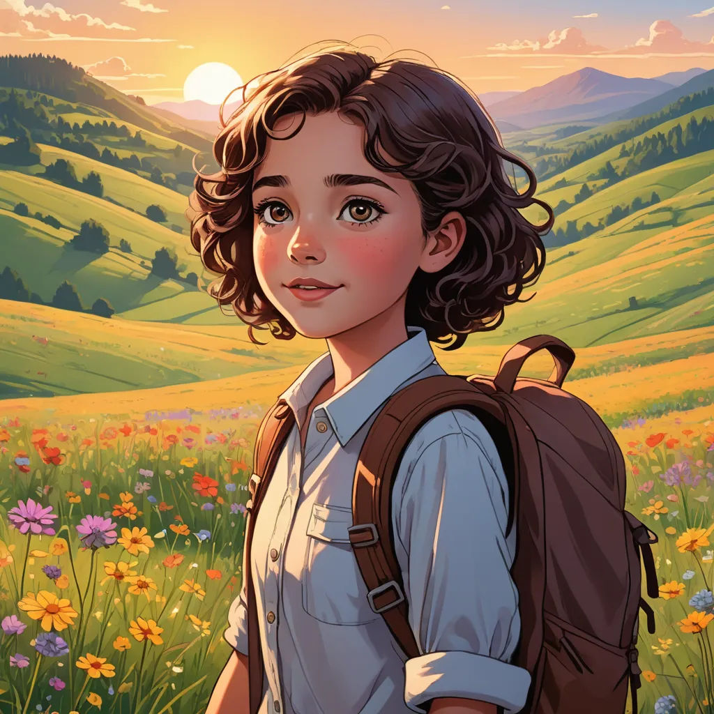 a painting of a girl with a backpack in a field of flowers with the sun in the background and hills in the distance, paris school, a storybook illustration, Cliff Childs, rossdraws global illumination