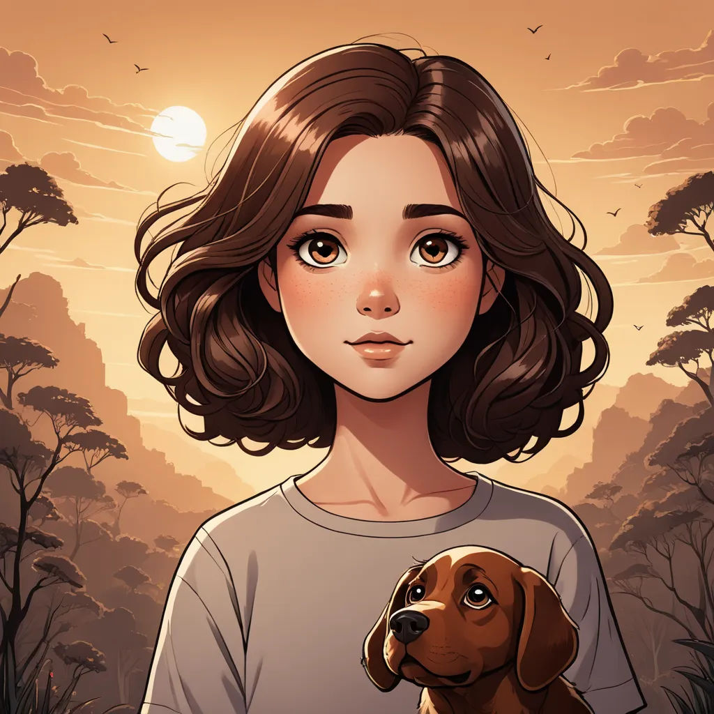 a girl with a dog in her lap looking at the camera with a sunset in the background and trees, sots art, a character portrait, Atey Ghailan, deviantart artstation