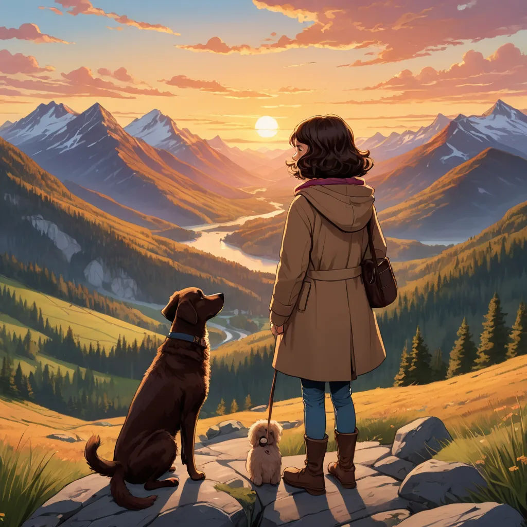 a woman standing on a hill with a dog looking at the mountains and the sun setting behind her and a dog sitting on a rock, environmental art, a storybook illustration, Dan Mumford, comic cover art