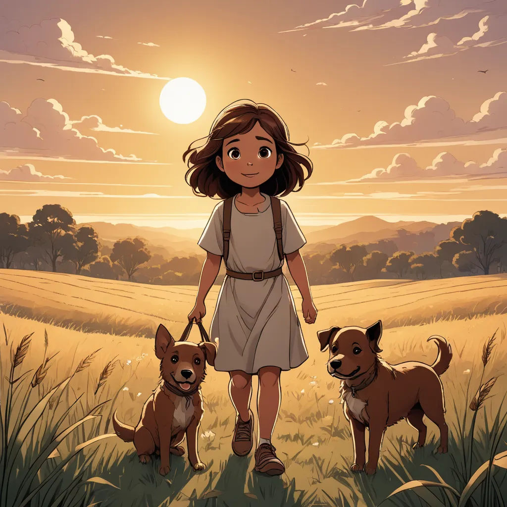 a girl and two dogs standing in a field at sunset with the sun setting behind them and a field of grass, process art, a comic book panel, Atey Ghailan, official art