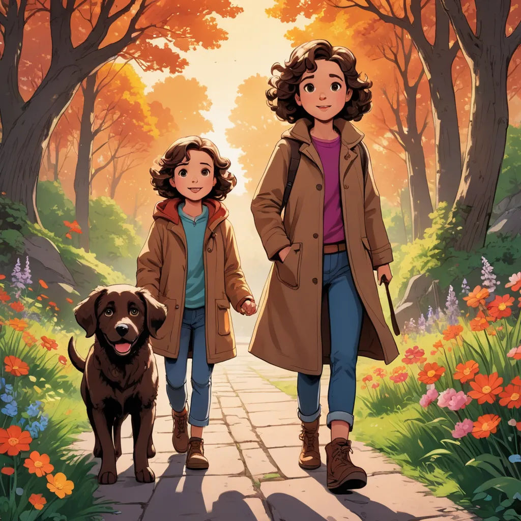 a woman and a child walking down a path with a dog on a leash in front of them,, process art, a comic book panel, Ada Gladys Killins, official art