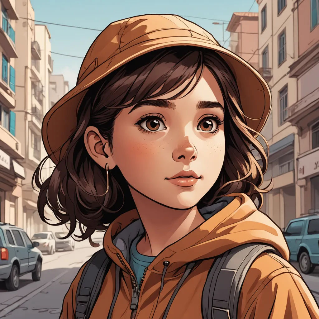 a girl in a hat is standing on the street with a backpack on her shoulder and a backpack on her shoulder, photorealism, a comic book panel, Artgerm, stanley artgerm lau