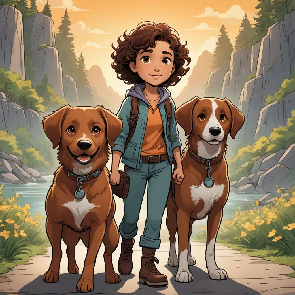 a girl standing between two dogs on a path in a forest with mountains in the background and a river running through the middle, environmental art, a character portrait, Cliff Childs, key art