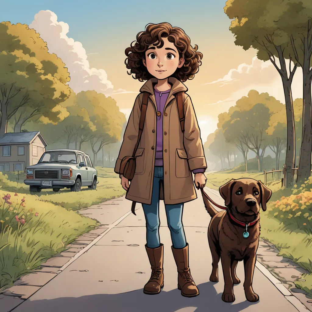 a woman is walking her dog down the street in the park with a house in the background and a car parked on the side of the road, american scene painting, a comic book panel, Cliff Childs, comic cover art