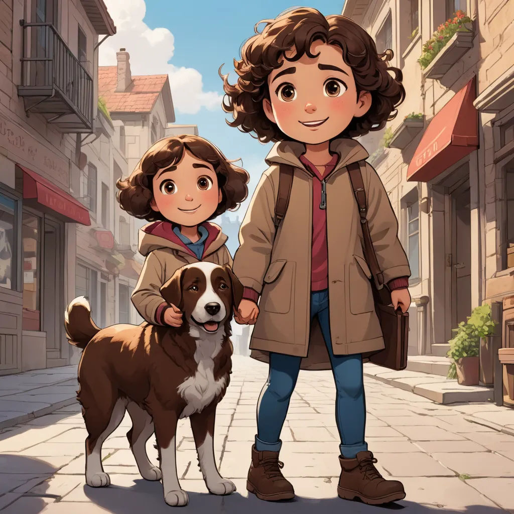 a girl and a dog standing on a street next to a building with a sign that says, i love you, paris school, a storybook illustration, Diego Gisbert Llorens, official art