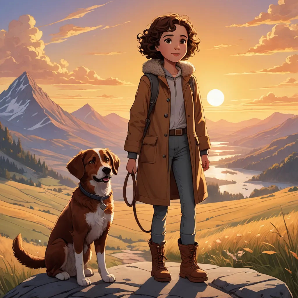 a woman standing next to a dog on a rocky hillside at sunset with mountains in the background and a sunset sky, american scene painting, a storybook illustration, Ada Hill Walker, official art