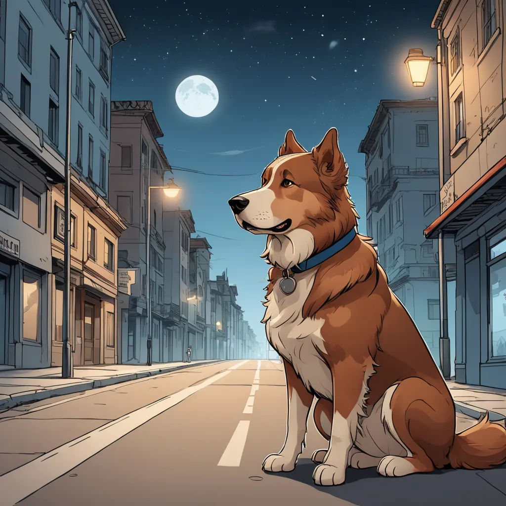 a dog sitting on the side of a road at night with a full moon in the background and buildings, serial art, concept art, Cyril Rolando, official art