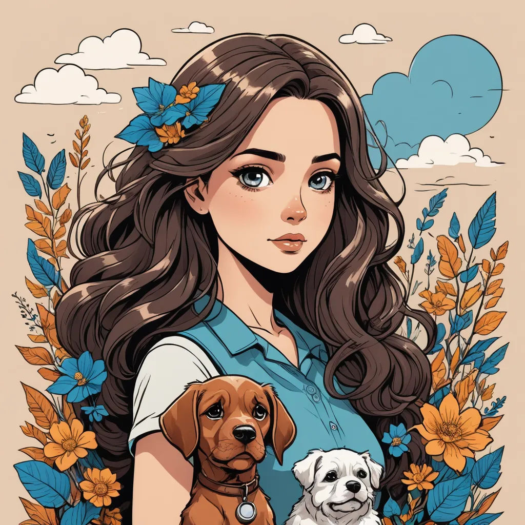 a woman with long hair holding two dogs in her arms and a blue sky behind her, with clouds and sunflowers, fantasy art, a storybook illustration, Cyril Rolando, trending on art station