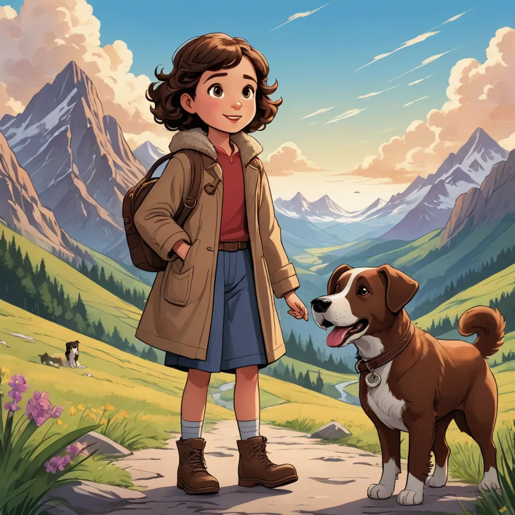 a girl and a dog standing on a path in the mountains with mountains in the background and clouds in the sky, serial art, a storybook illustration, Claire Falkenstein, promotional image