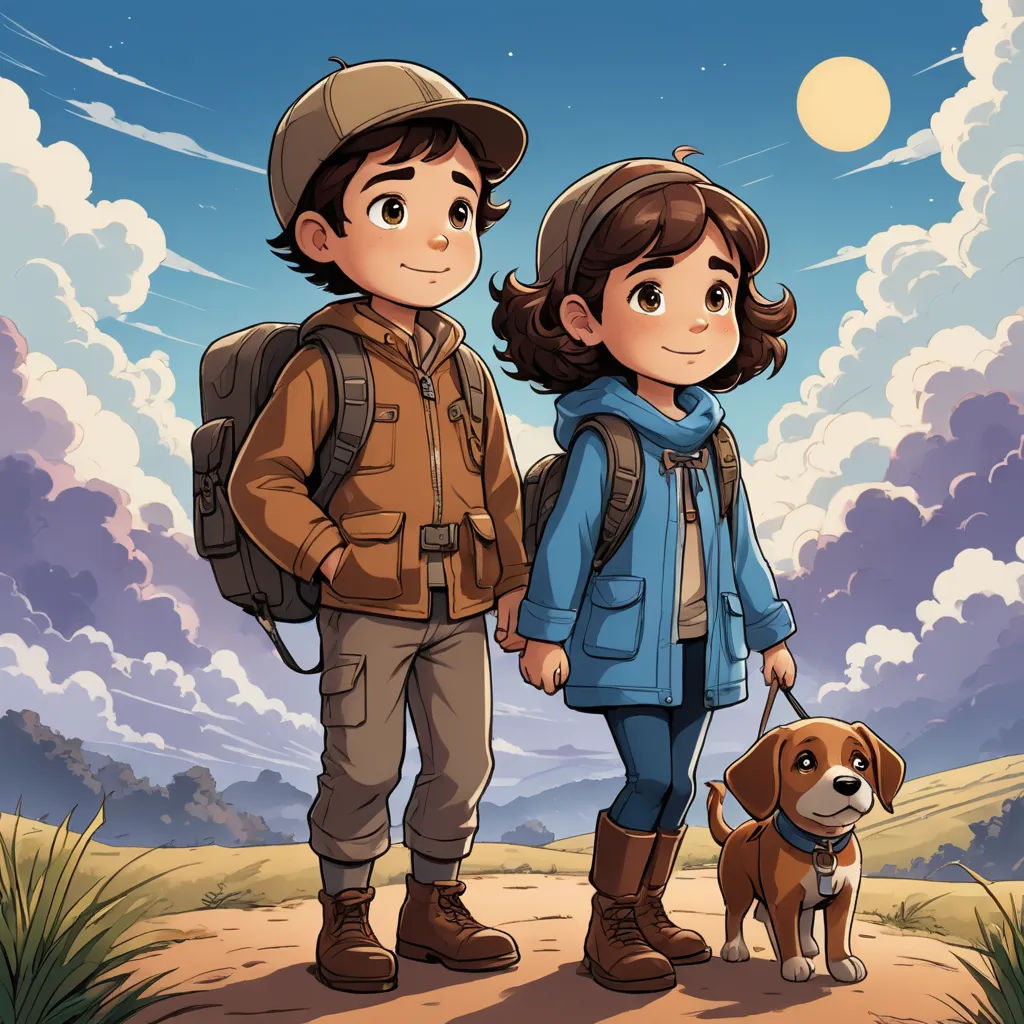 a boy and a girl are standing on a path with a dog in front of them and a sky with clouds, serial art, a storybook illustration, Diego Gisbert Llorens, comic cover art