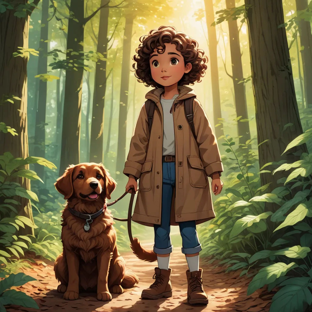 a boy and his dog are standing in the woods together, with the dog on a leash in front of them, process art, a storybook illustration, Charles Schulz, official art