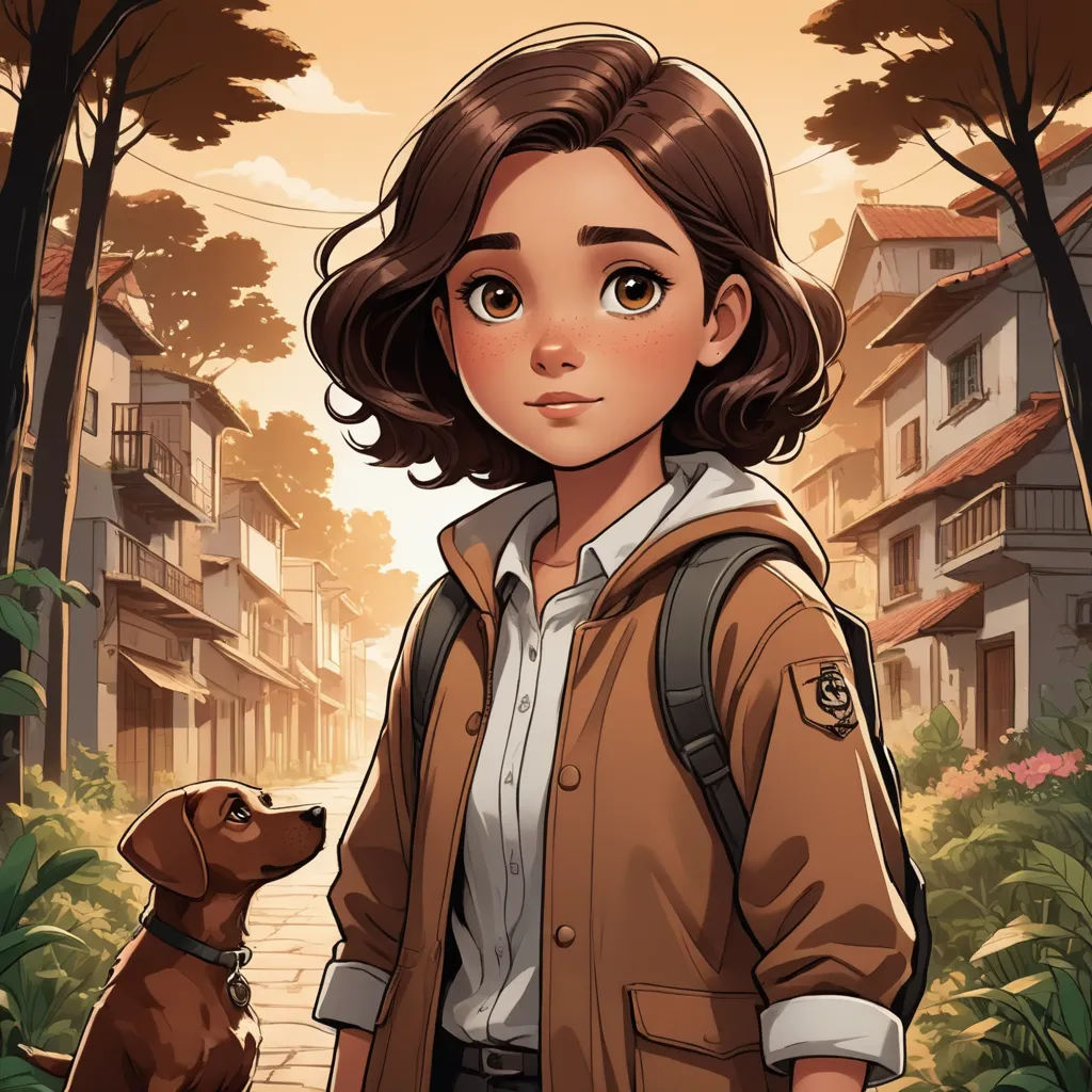 a woman standing next to a dog in a park with buildings in the background and a dog on the ground, paris school, a character portrait, Cliff Childs, comic cover art