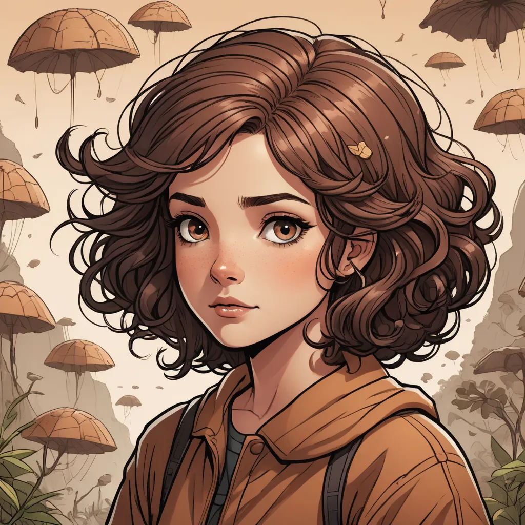 a woman with brown hair and a brown shirt is standing in front of a forest with umbrellas and trees, fantasy art, a character portrait, Artgerm, rpg portrait