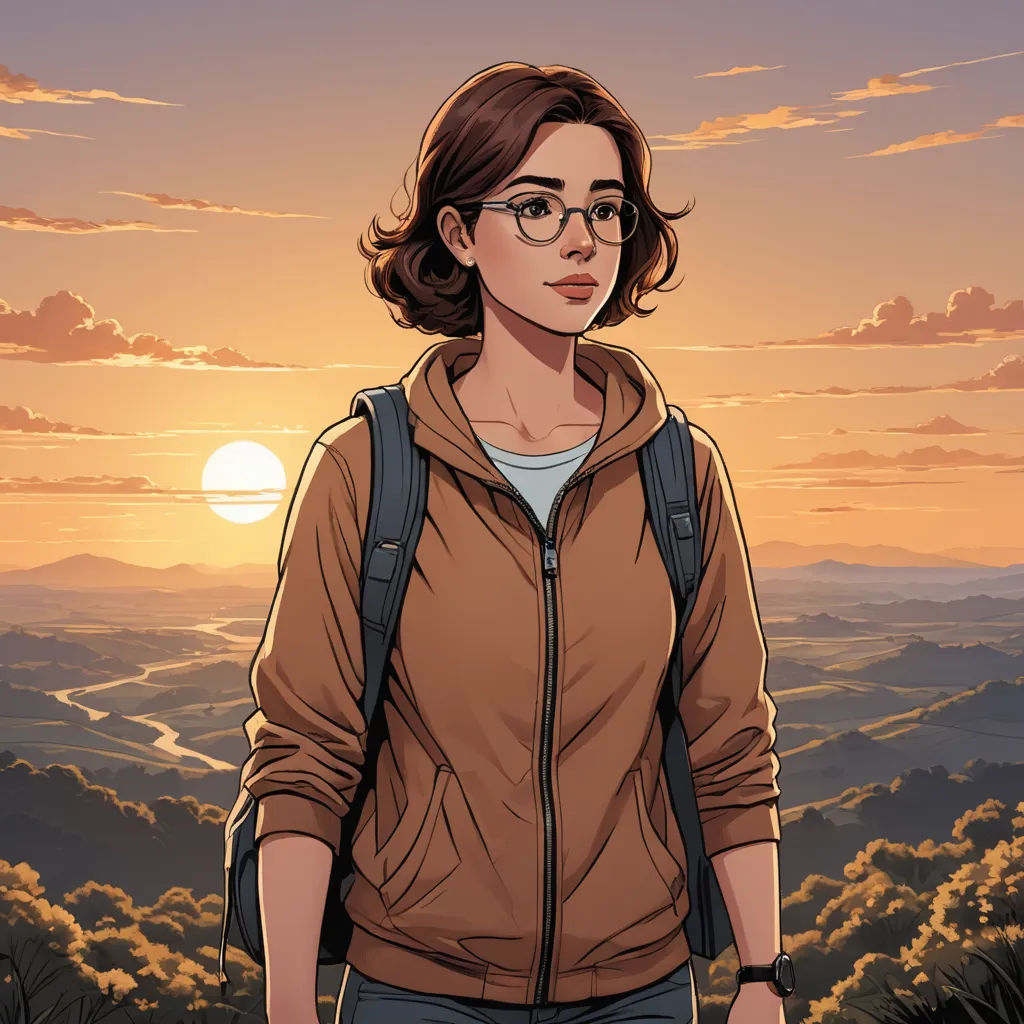 a woman with glasses standing in front of a sunset with mountains and hills in the background and a sky with clouds, serial art, a character portrait, Ada Hill Walker, official art