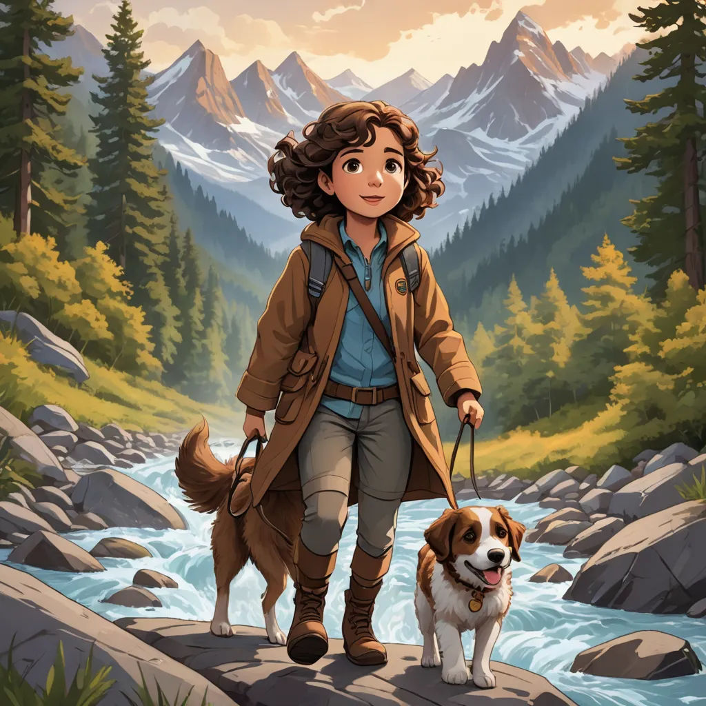 a woman walking a dog on a leash in a forest with mountains in the background and a river running through it, process art, a storybook illustration, Ada Hill Walker, comic cover art