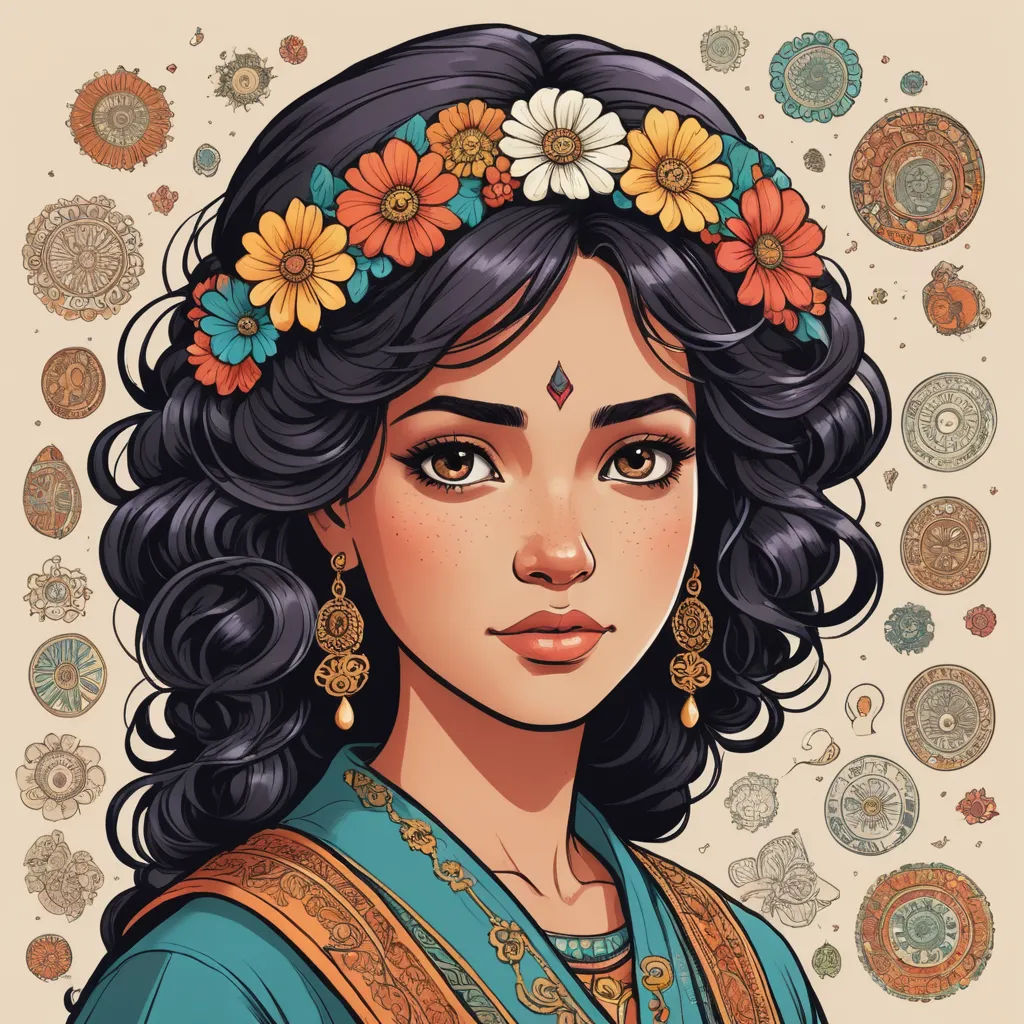 a woman with a flower crown on her head and a blue dress with a gold necklace and earrings on her head, fantasy art, a character portrait, Android Jones, josan gonzales and dan mumford