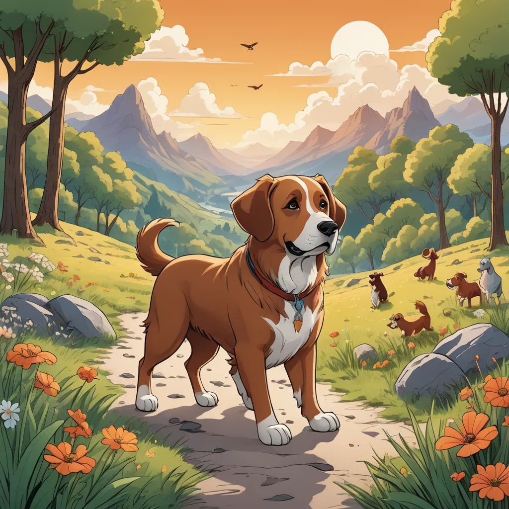 a dog standing on a path in a field with flowers and trees in the background and a bird flying overhead, sots art, a storybook illustration, Chris LaBrooy, comic cover art