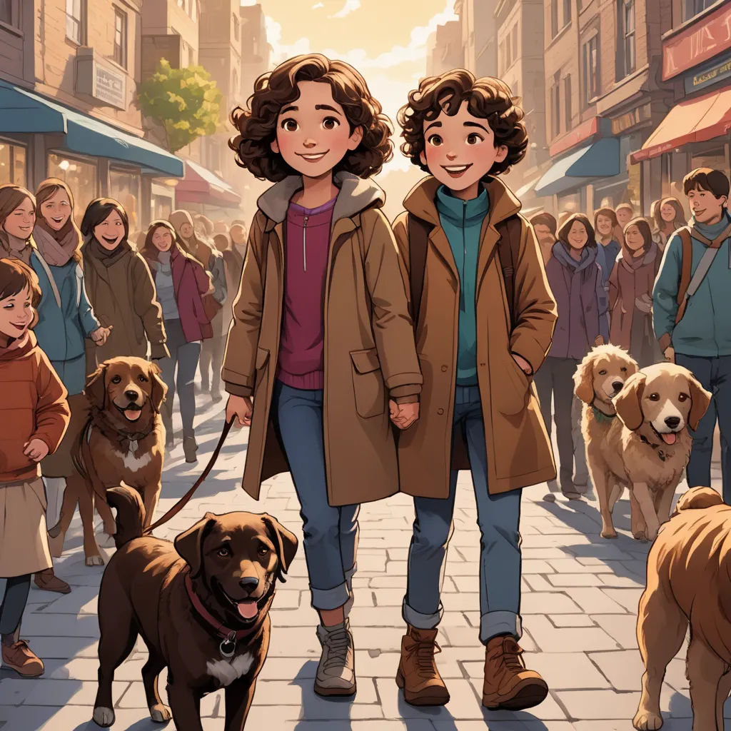 a couple of people standing next to a bunch of dogs on a street with people walking by them and a dog on a leash, furry art, a comic book panel, Brothers Hildebrandt, official art