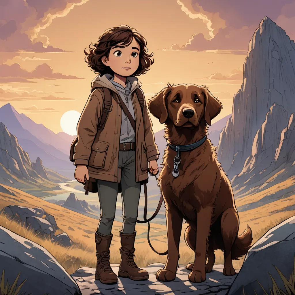 a woman standing next to a brown dog on a rocky hillside with mountains in the background and a sunset, process art, poster art, Cliff Childs, comic cover art