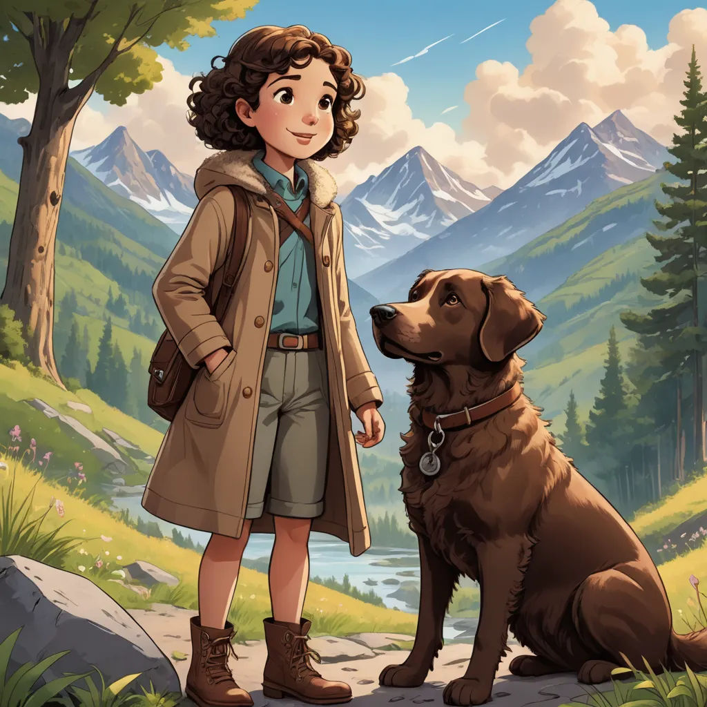 a boy and his dog are standing in the mountains by a stream of water and trees, with a mountain range in the background, furry art, a storybook illustration, Ada Hill Walker, official art