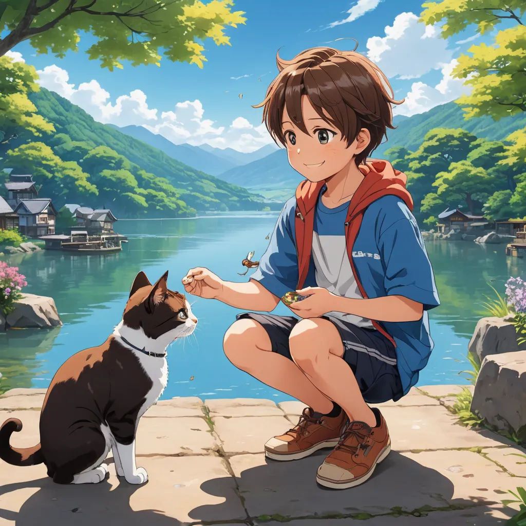 a boy sitting on a stone wall next to a dog and a cat on a stone walkway near a lake, sots art, a detailed painting, Ai-Mitsu, official art