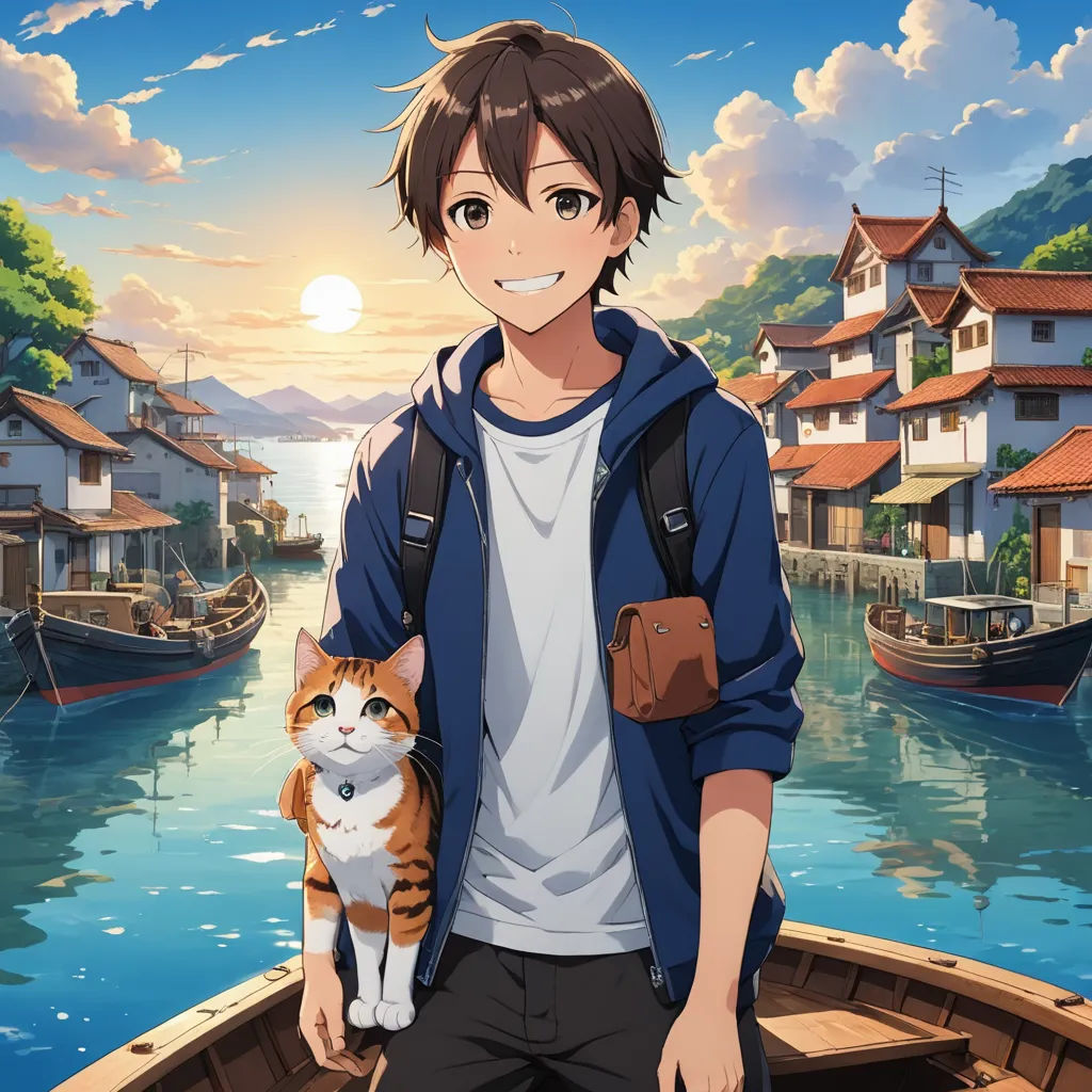a man holding a cat in a boat in a river with a sunset in the background and a village in the background, sots art, a character portrait, Aguri Uchida, official art