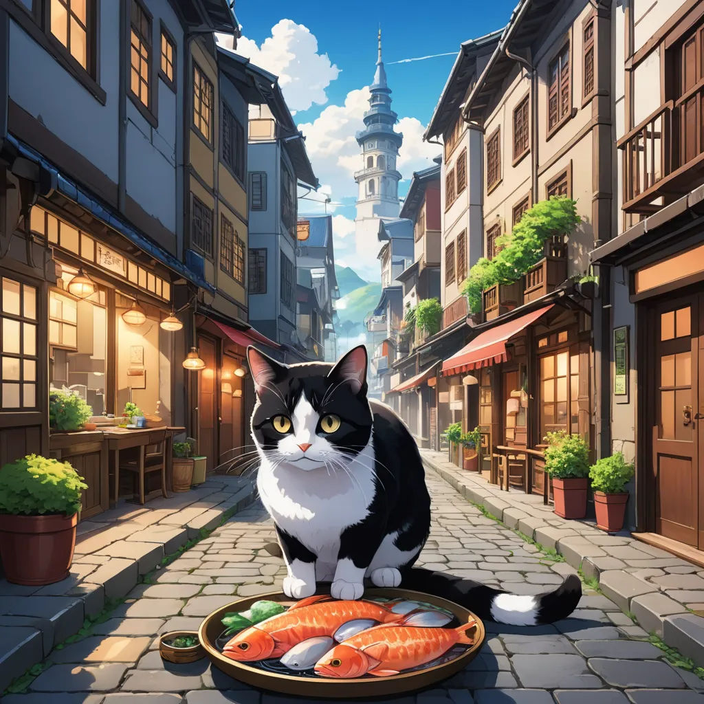 a cat sitting on a plate of fish in a street with buildings and a sky background with clouds and a tower, aestheticism, concept art, Chippy, official art
