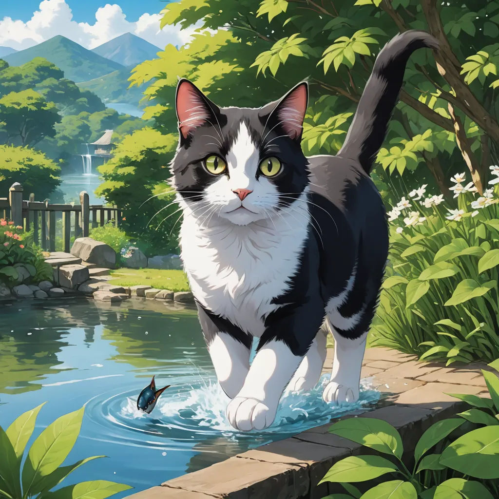 a cat walking across a body of water near a forest and a bridge with a bird flying above it, sots art, a storybook illustration, Drew Struzan, official art